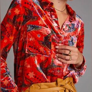 Anthropologie Red Bird Pattern Button Down Shirt